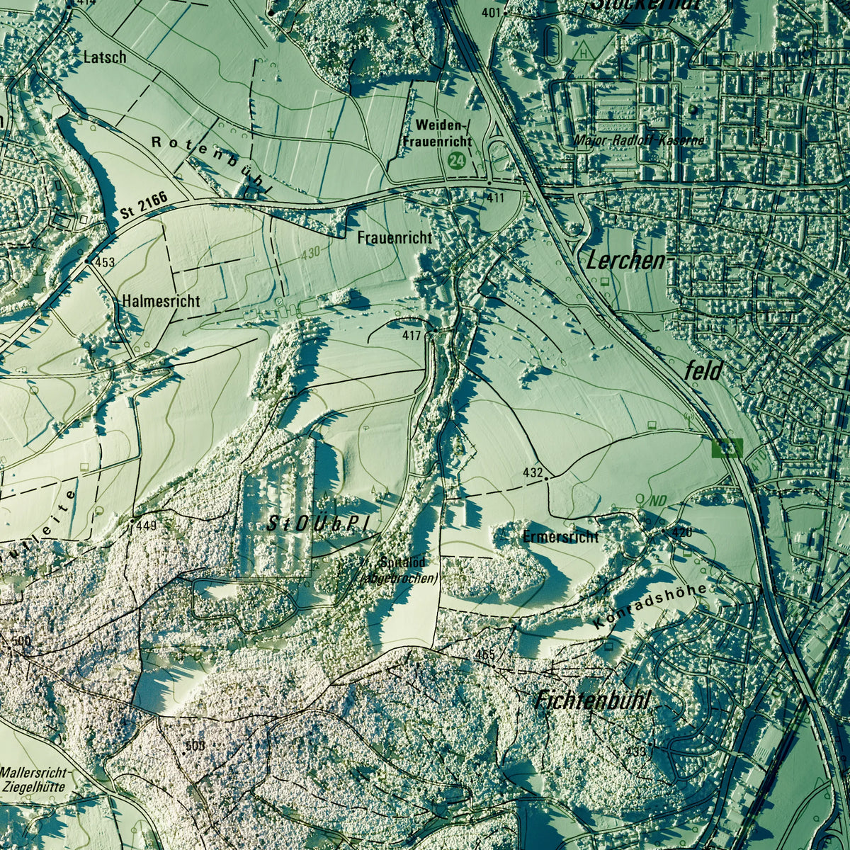 Stadt Weiden i.d.OPf. Poster, Detailansicht der Reliefkarte in der Farbvariante Petrol #c2