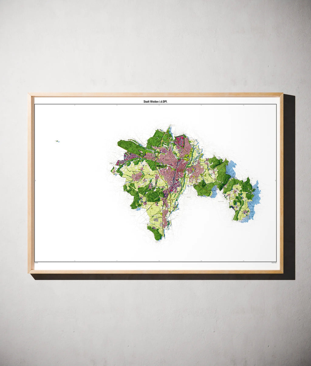Stadt Weiden i.d.OPf. Poster als schattierte Reliefkarte, Farbvariante Topographisch, gerahmt an einer Wand #dtk