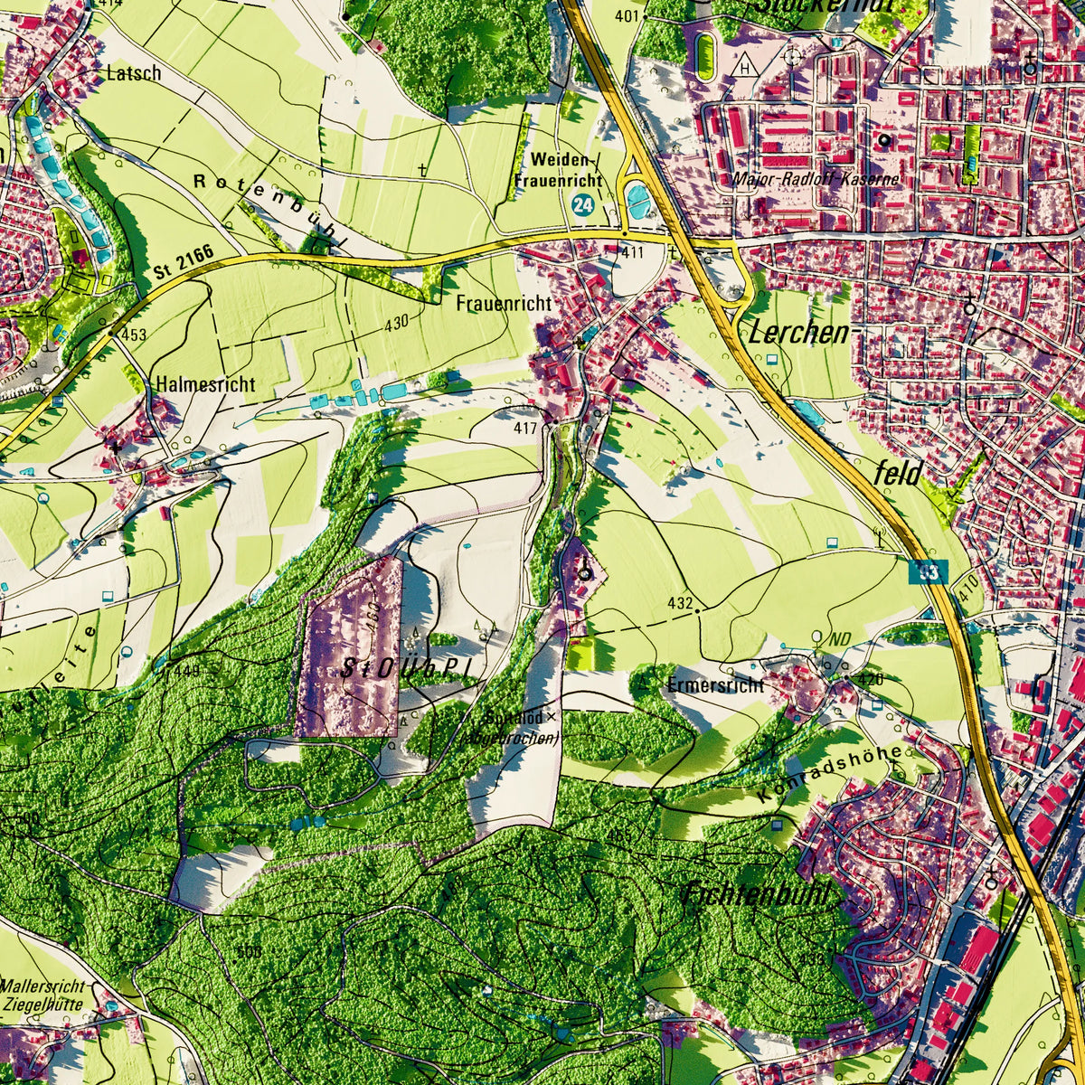 Stadt Weiden i.d.OPf. Poster, Detailansicht der Reliefkarte in der Farbvariante Topographisch #dtk
