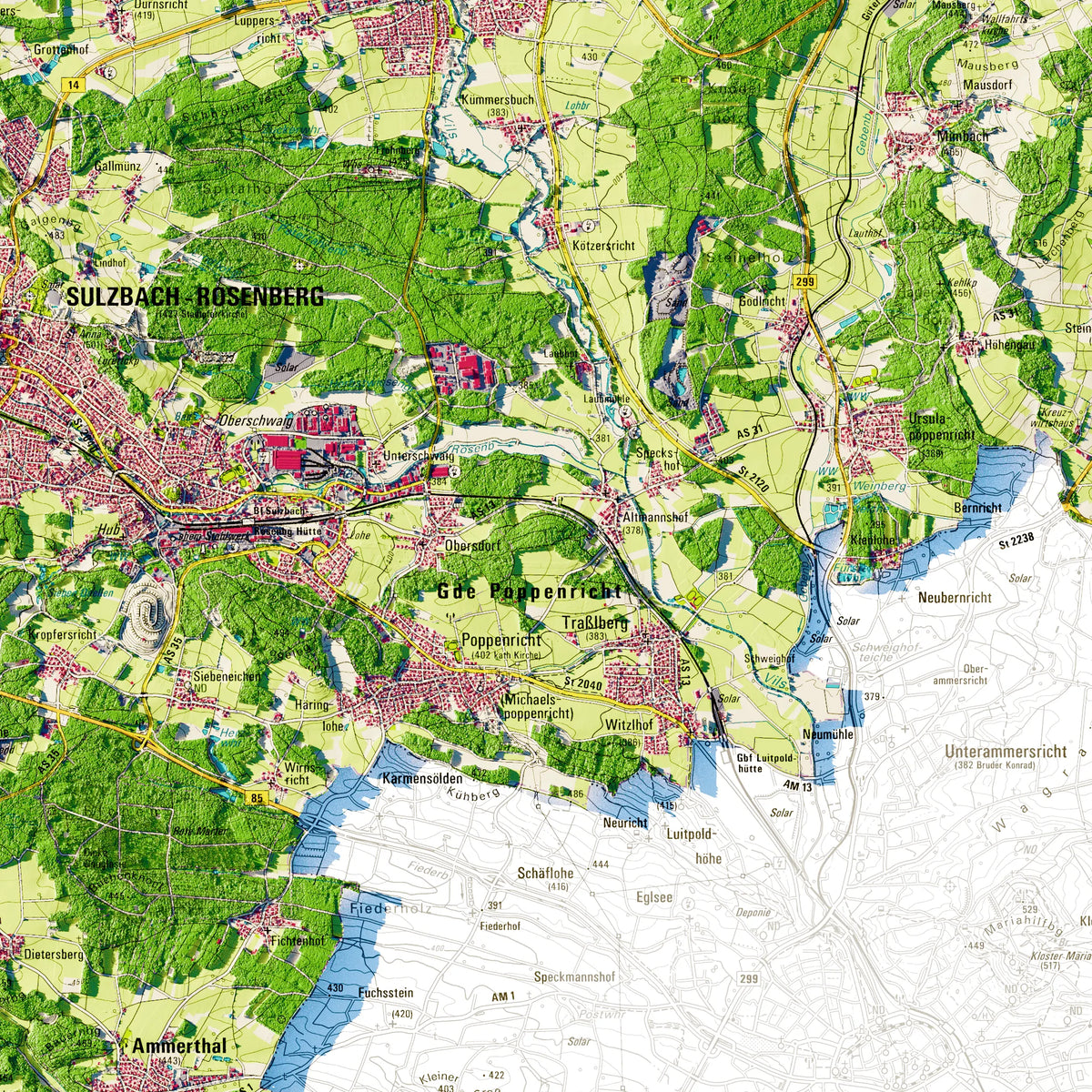 Landkreis Amberg-Sulzbach Poster, Detailansicht der Reliefkarte in der Farbvariante Topographisch #dtk