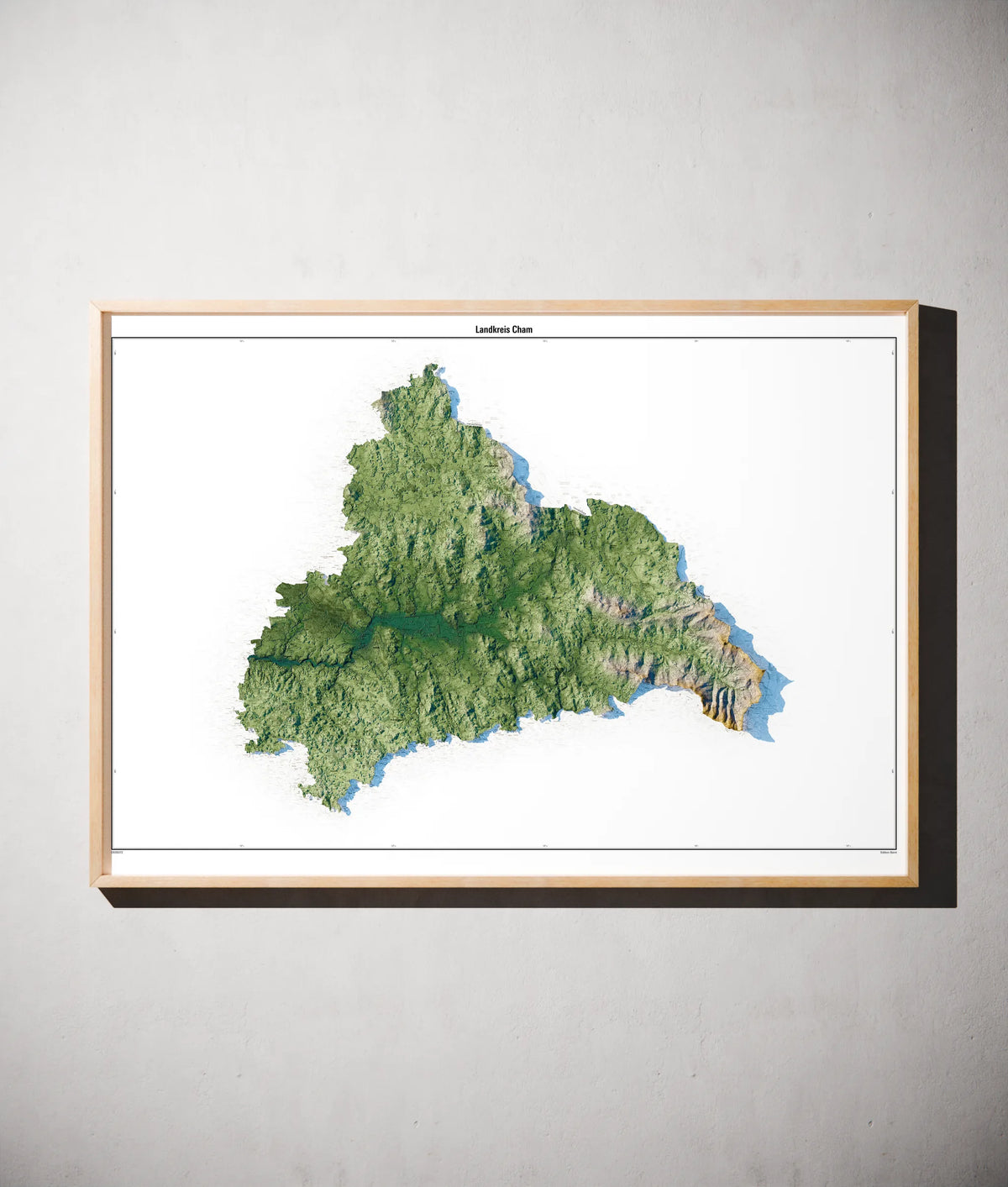 Landkreis Cham Poster als schattierte Reliefkarte, Farbvariante Salbei, gerahmt an einer Wand #c1