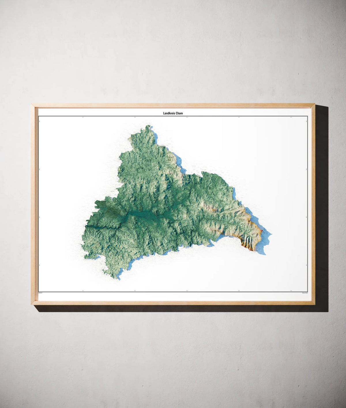 Landkreis Cham Poster als schattierte Reliefkarte, Farbvariante Petrol, gerahmt an einer Wand #c2