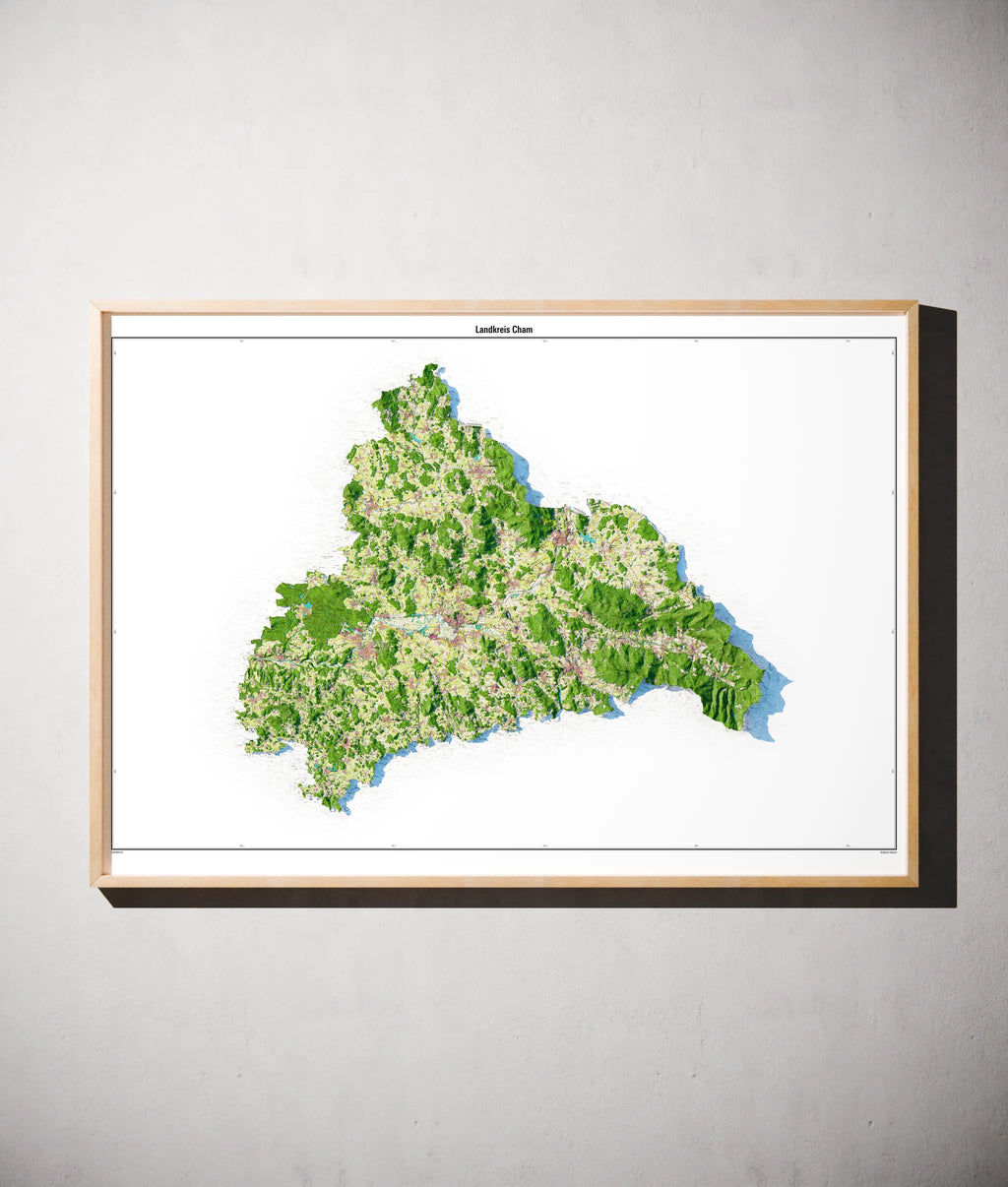 Landkreis Cham Poster als schattierte Reliefkarte, Farbvariante Topographisch, gerahmt an einer Wand #dtk