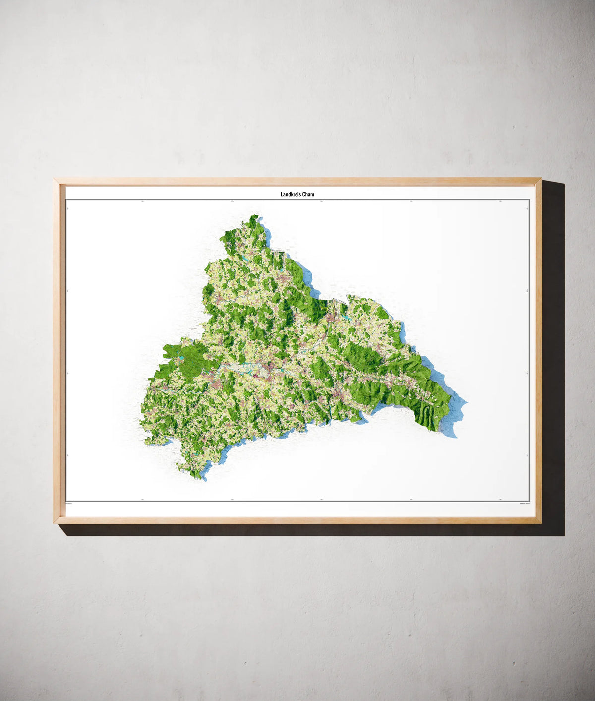 Landkreis Cham Poster als schattierte Reliefkarte, Farbvariante Topographisch, gerahmt an einer Wand #dtk