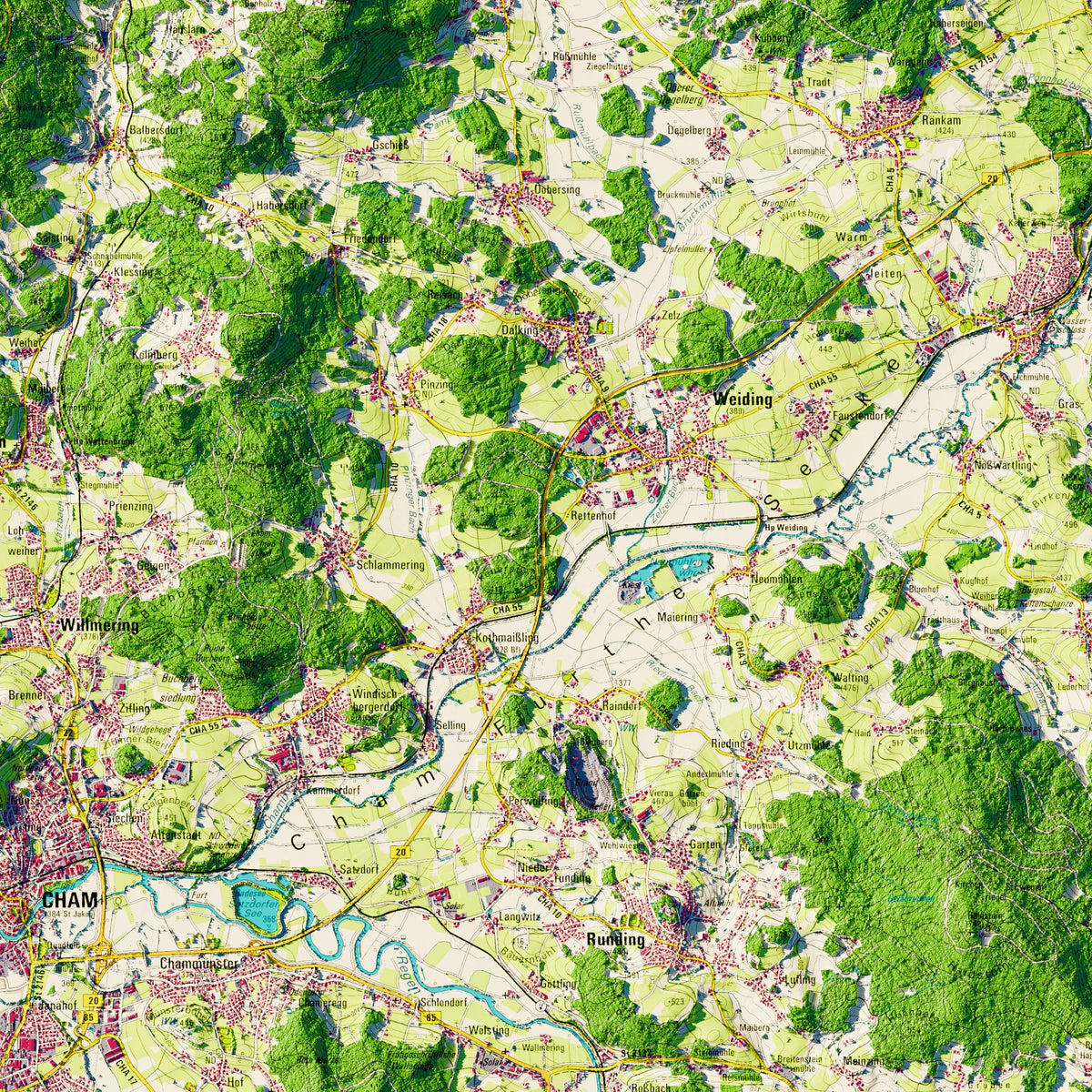 Landkreis Cham Poster, Detailansicht der Reliefkarte in der Farbvariante Topographisch #dtk