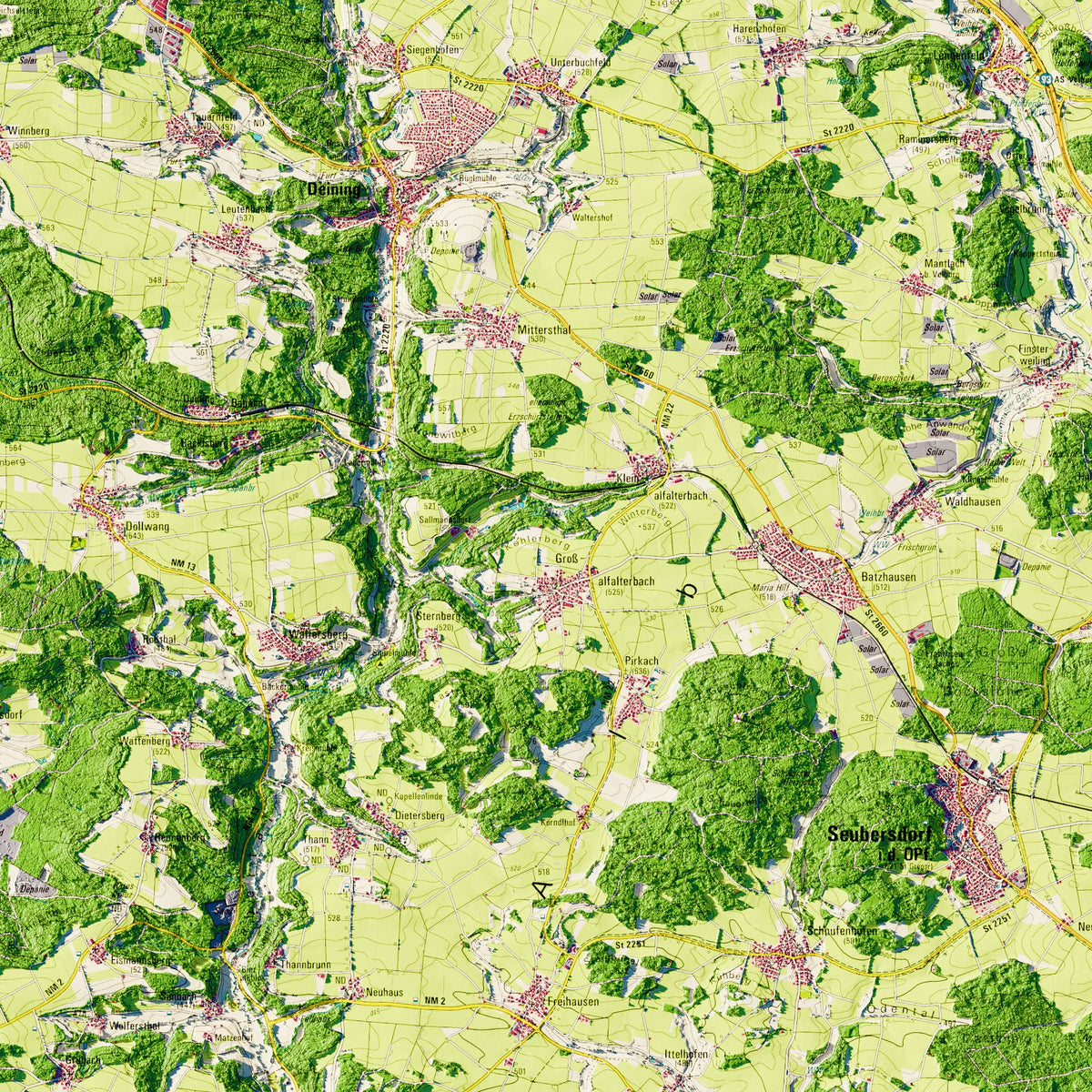 Landkreis Neumarkt i.d.OPf. Poster, Detailansicht der Reliefkarte in der Farbvariante Topographisch #dtk