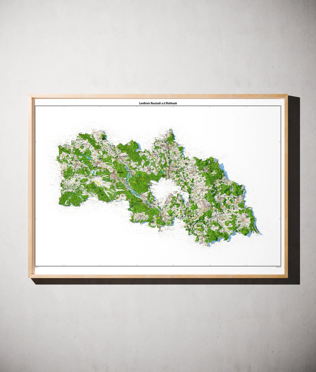 Landkreis Neustadt a.d.Waldnaab Poster als schattierte Reliefkarte, Farbvariante Topographisch, gerahmt an einer Wand #dtk