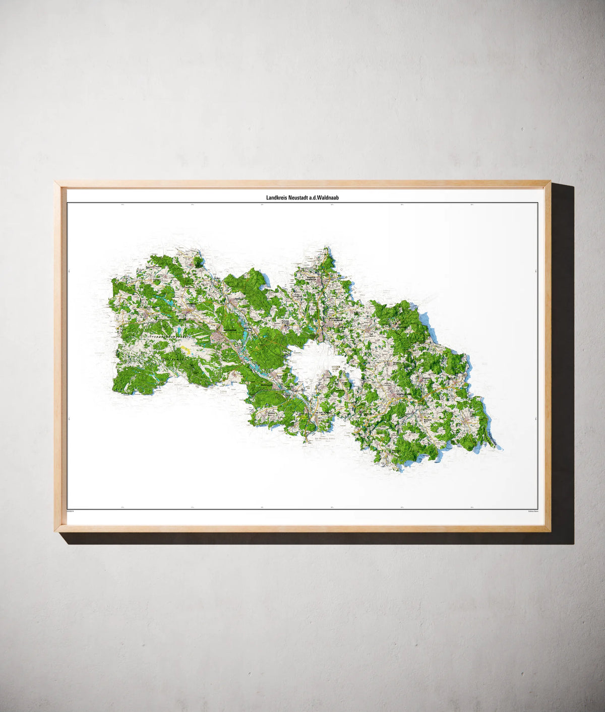 Landkreis Neustadt a.d.Waldnaab Poster als schattierte Reliefkarte, Farbvariante Topographisch, gerahmt an einer Wand #dtk