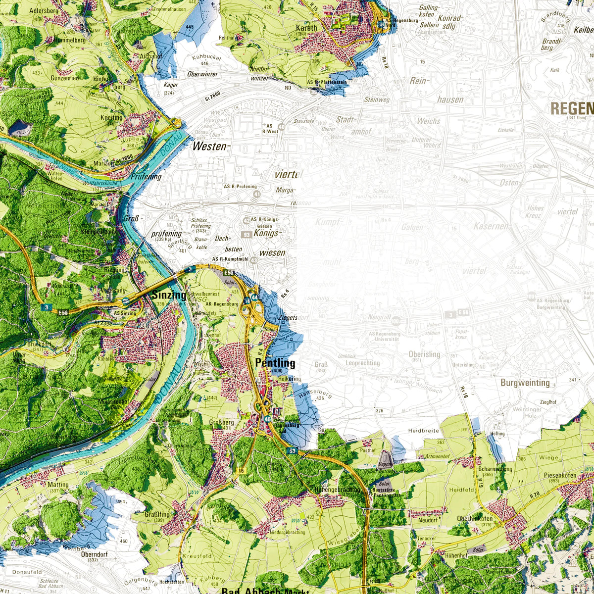 Landkreis Regensburg Poster, Detailansicht der Reliefkarte in der Farbvariante Topographisch #dtk