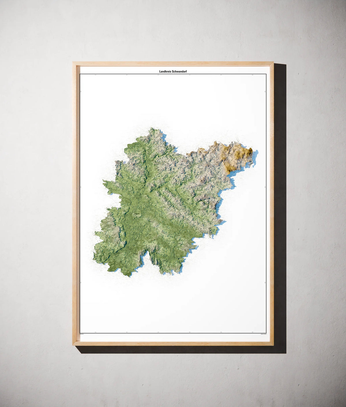 Landkreis Schwandorf Poster als schattierte Reliefkarte, Farbvariante Salbei, gerahmt an einer Wand #c1