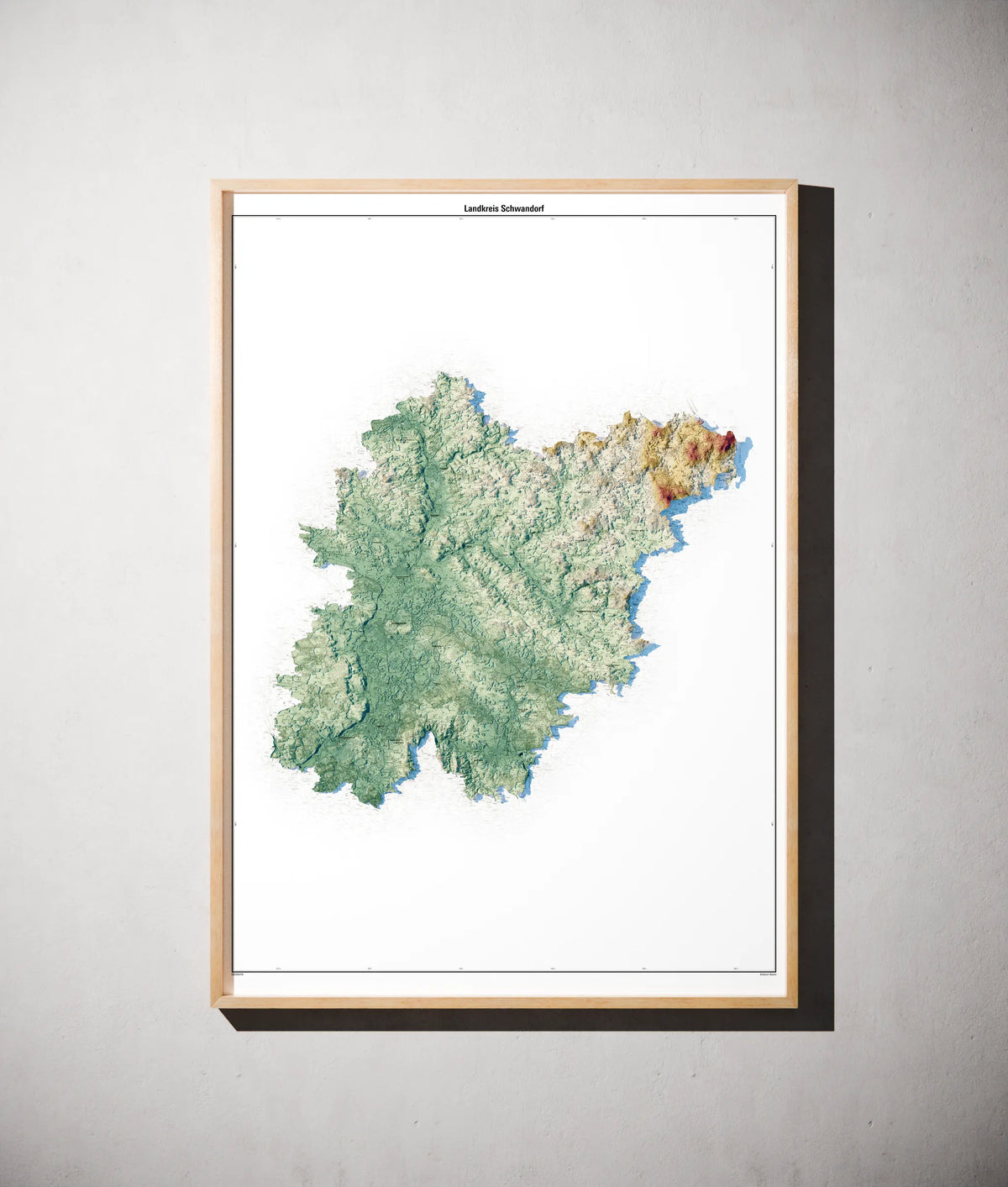 Landkreis Schwandorf Poster als schattierte Reliefkarte, Farbvariante Petrol, gerahmt an einer Wand #c2