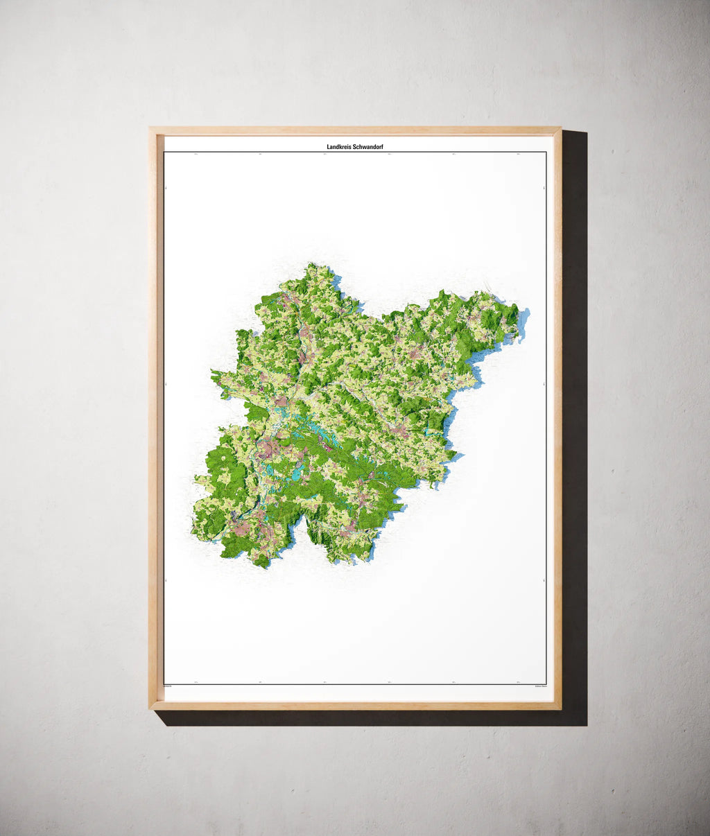Landkreis Schwandorf Poster als schattierte Reliefkarte, Farbvariante Topographisch, gerahmt an einer Wand #dtk