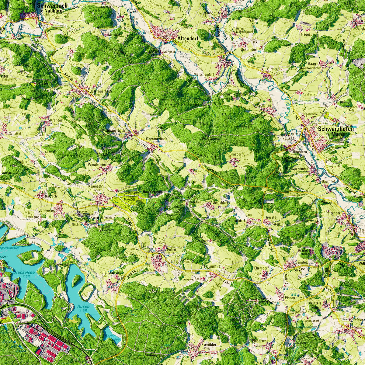 Landkreis Schwandorf Poster, Detailansicht der Reliefkarte in der Farbvariante Topographisch #dtk