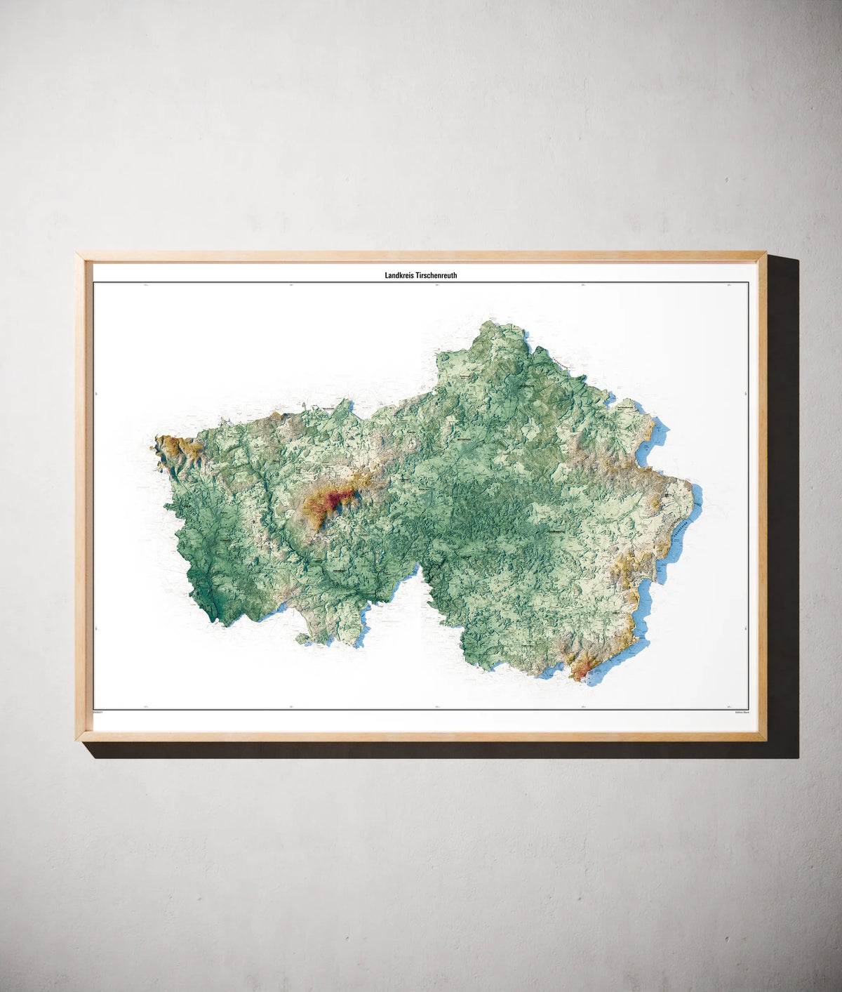 Landkreis Tirschenreuth Poster als schattierte Reliefkarte, Farbvariante Petrol, gerahmt an einer Wand #c2