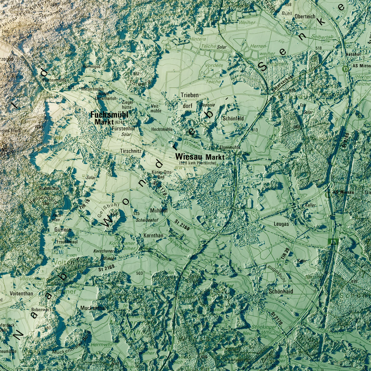 Landkreis Tirschenreuth Poster, Detailansicht der Reliefkarte in der Farbvariante Petrol #c2
