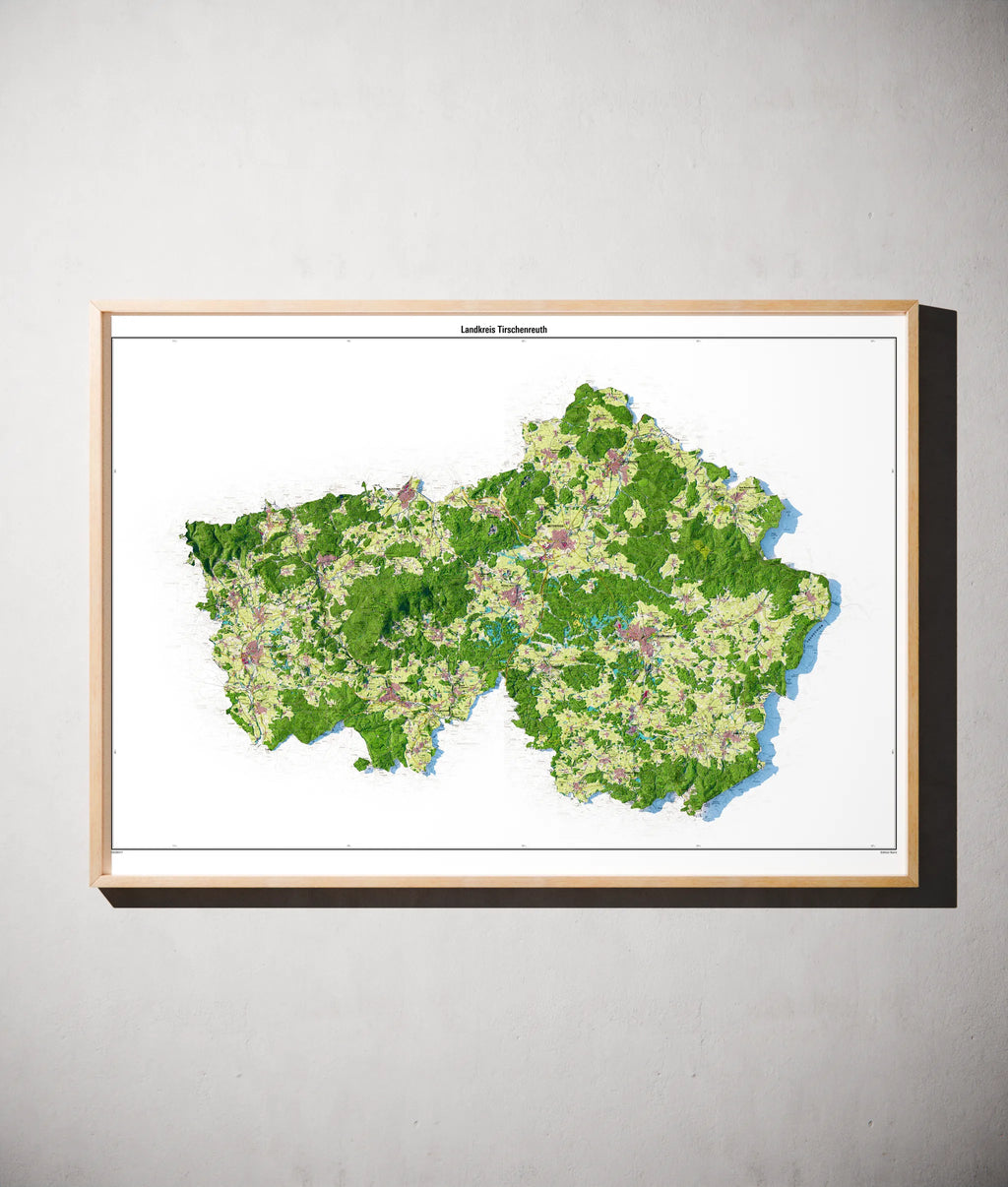 Landkreis Tirschenreuth Poster als schattierte Reliefkarte, Farbvariante Topographisch, gerahmt an einer Wand #dtk