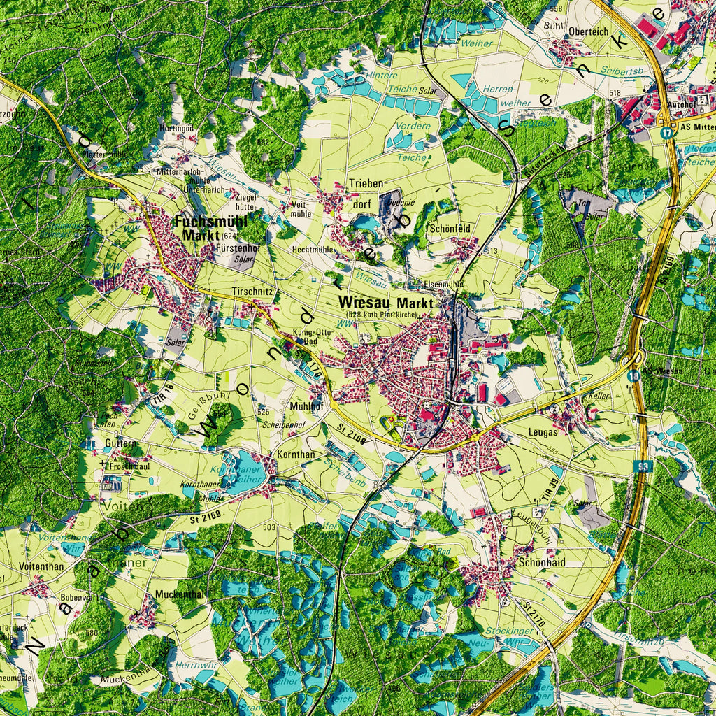 Landkreis Tirschenreuth Poster, Detailansicht der Reliefkarte in der Farbvariante Topographisch #dtk