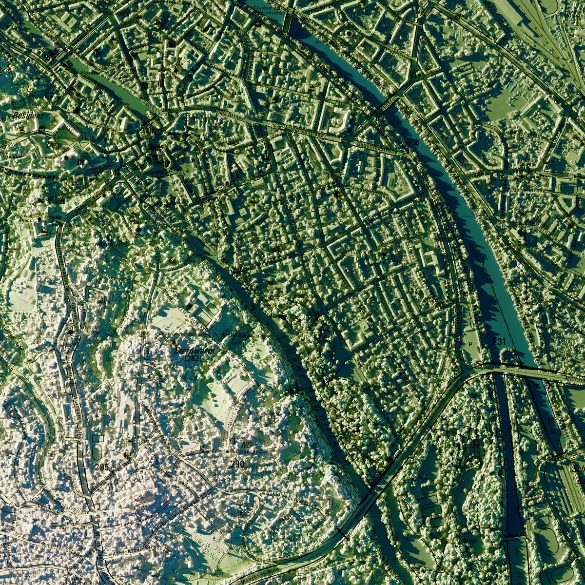 Stadt Bamberg Poster, Detailansicht der Reliefkarte in der Farbvariante Salbei #c1