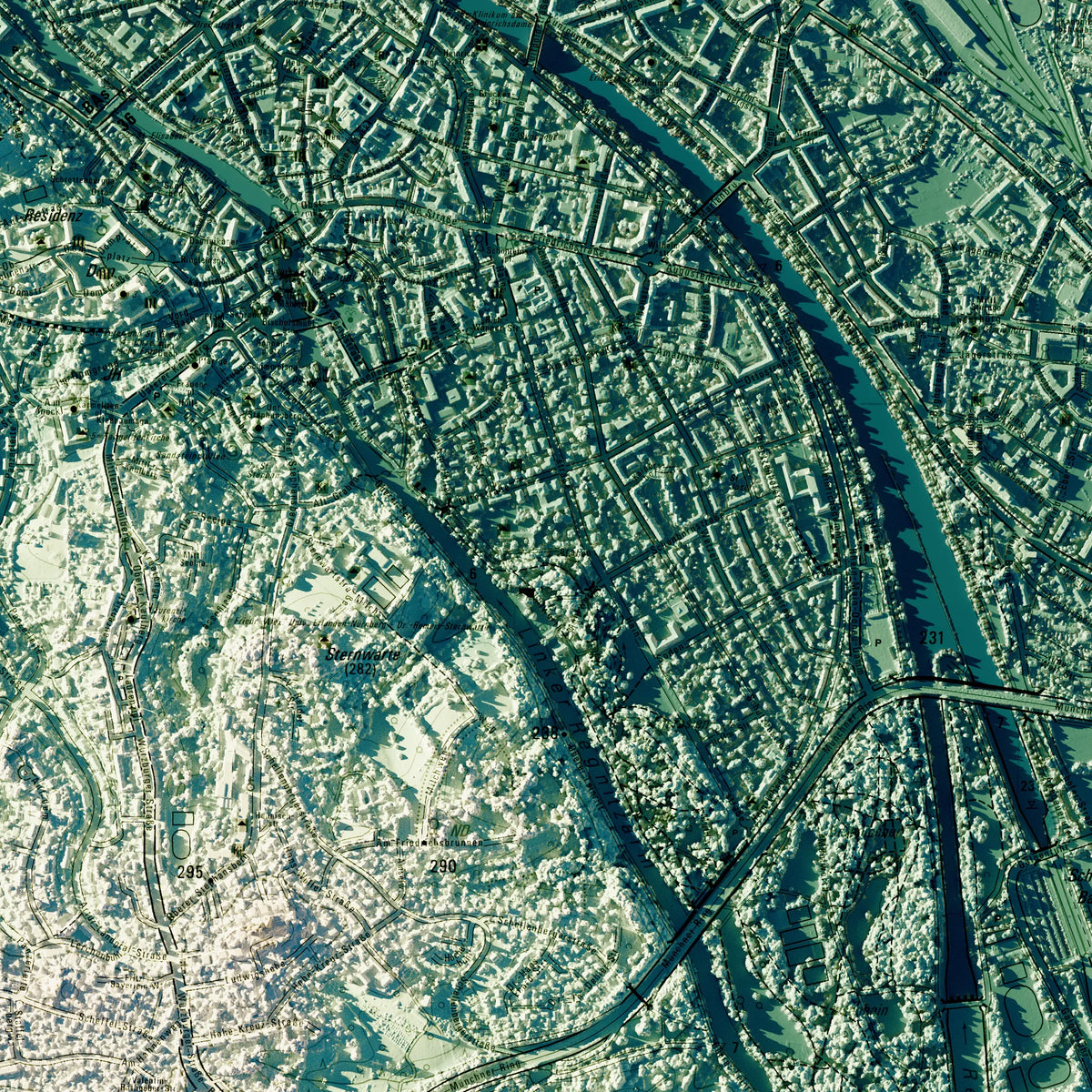 Stadt Bamberg Poster, Detailansicht der Reliefkarte in der Farbvariante Petrol #c2