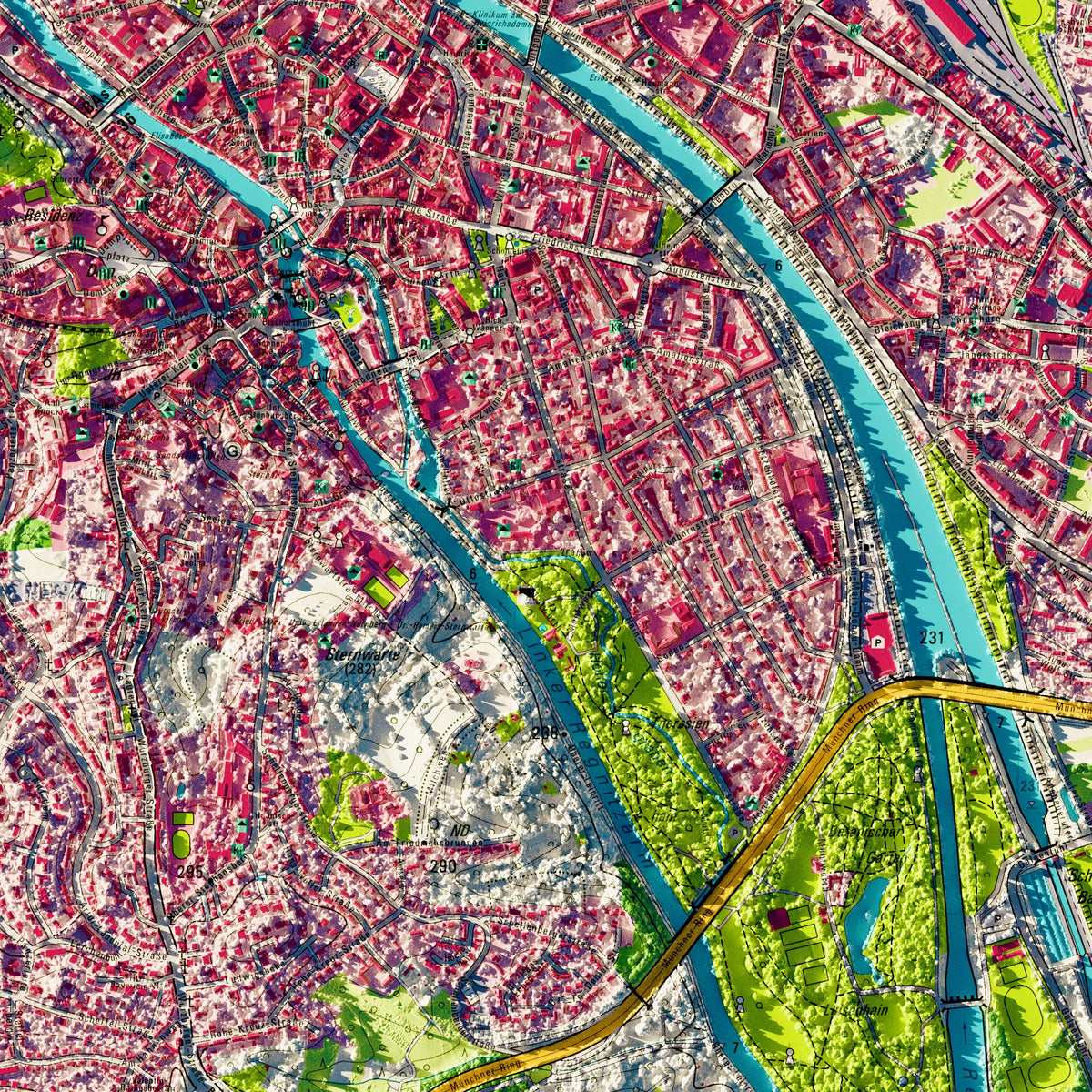 Stadt Bamberg Poster, Detailansicht der Reliefkarte in der Farbvariante Topographisch #dtk