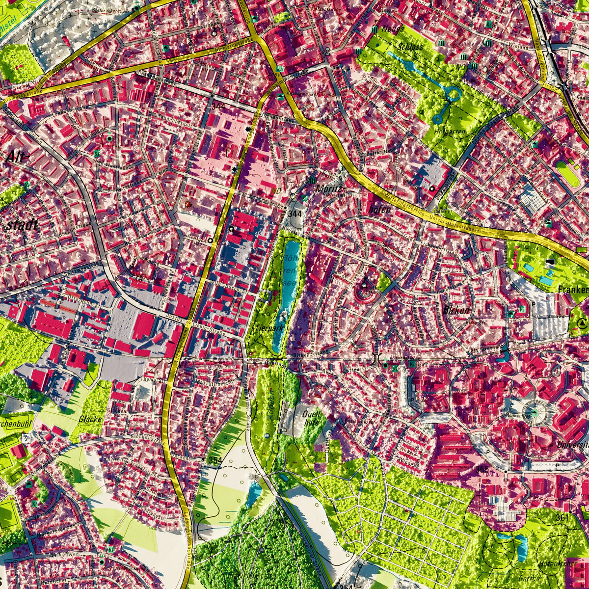 Stadt Bayreuth Poster, Detailansicht der Reliefkarte in der Farbvariante Topographisch #dtk