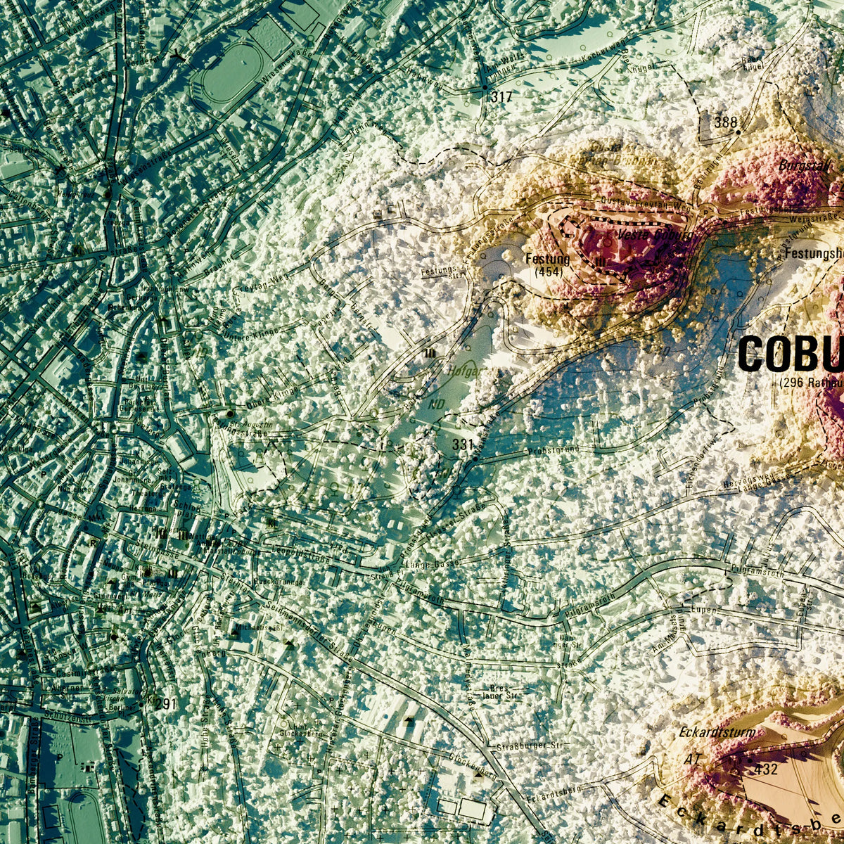 Stadt Coburg Poster, Detailansicht der Reliefkarte in der Farbvariante Petrol #c2