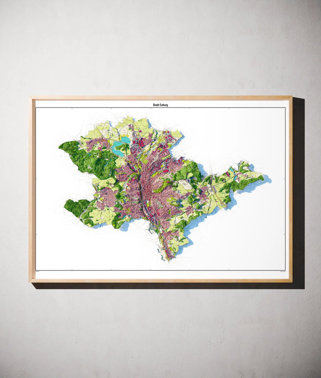Stadt Coburg Poster als schattierte Reliefkarte, Farbvariante Topographisch, gerahmt an einer Wand #dtk
