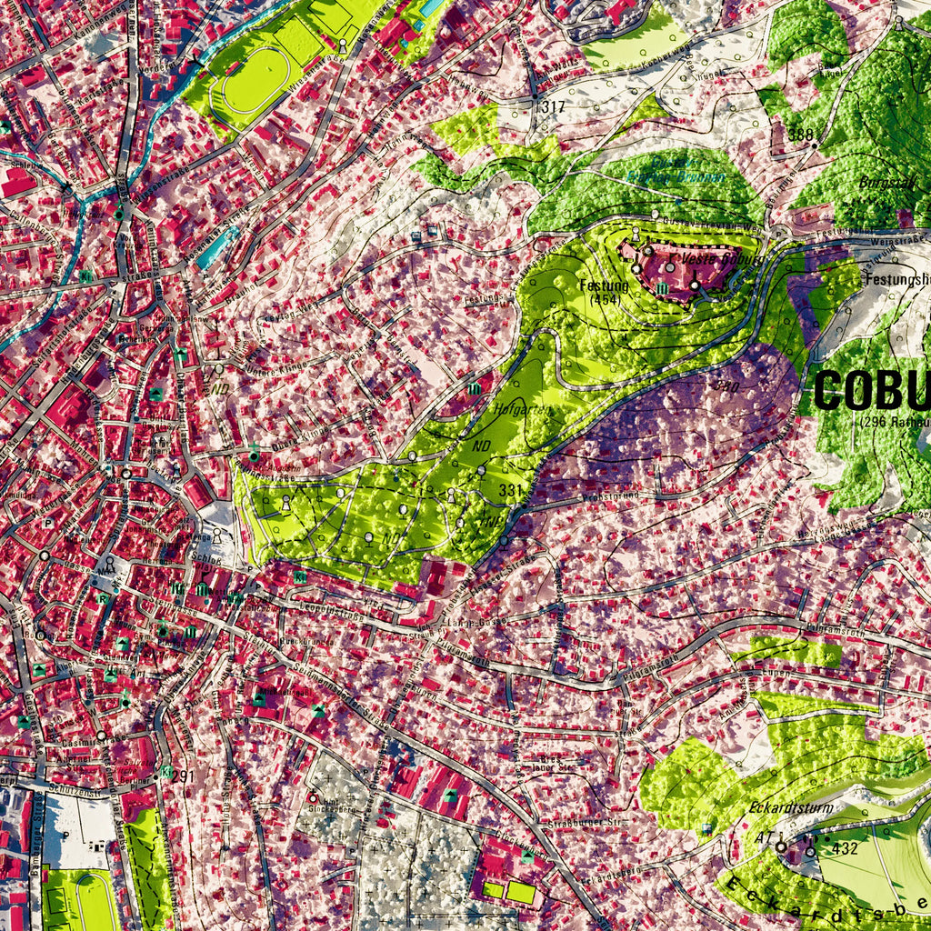 Stadt Coburg Poster, Detailansicht der Reliefkarte in der Farbvariante Topographisch #dtk
