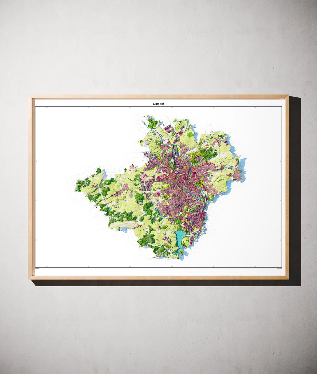 Stadt Hof Poster als schattierte Reliefkarte, Farbvariante Topographisch, gerahmt an einer Wand #dtk