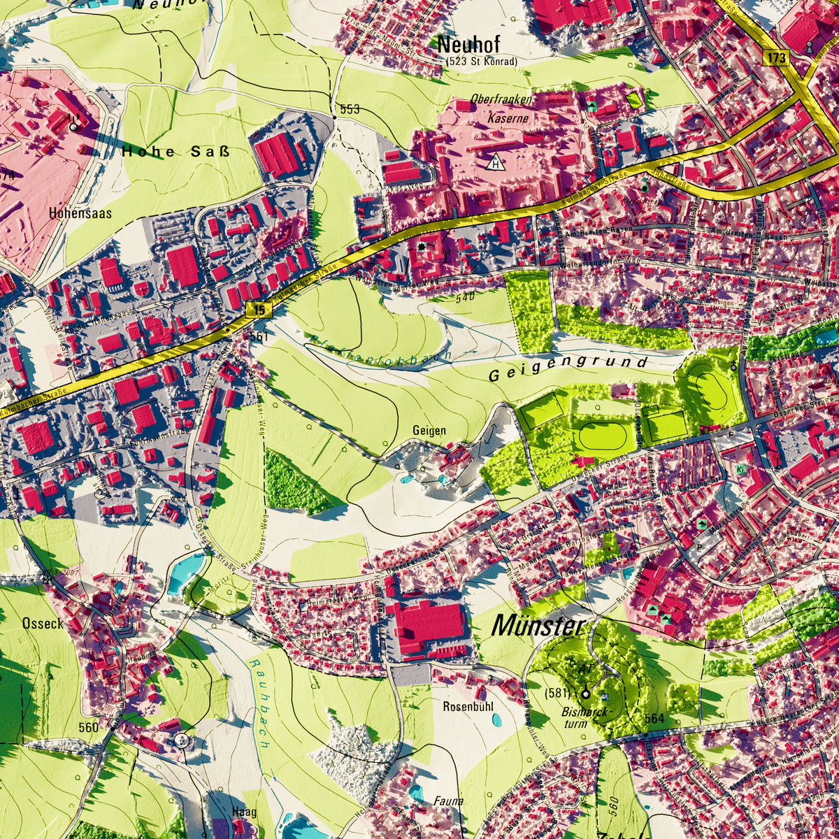 Stadt Hof Poster, Detailansicht der Reliefkarte in der Farbvariante Topographisch #dtk