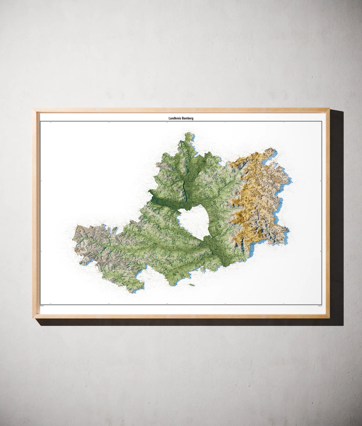 Landkreis Bamberg Poster als schattierte Reliefkarte, Farbvariante Salbei, gerahmt an einer Wand #c1