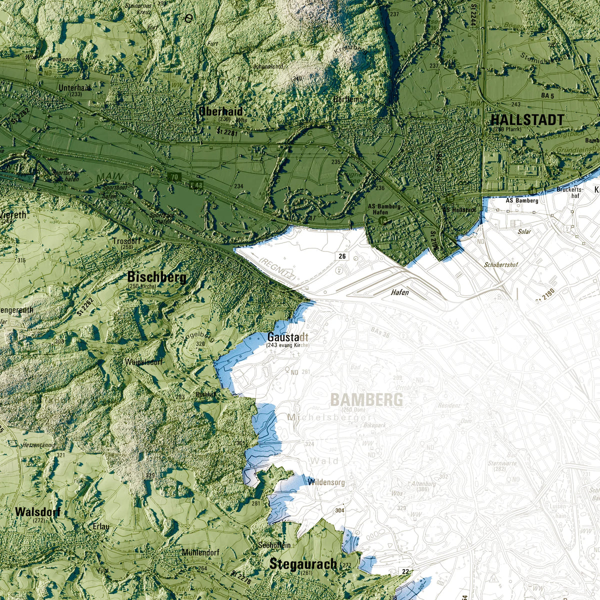 Landkreis Bamberg Poster, Detailansicht der Reliefkarte in der Farbvariante Salbei #c1