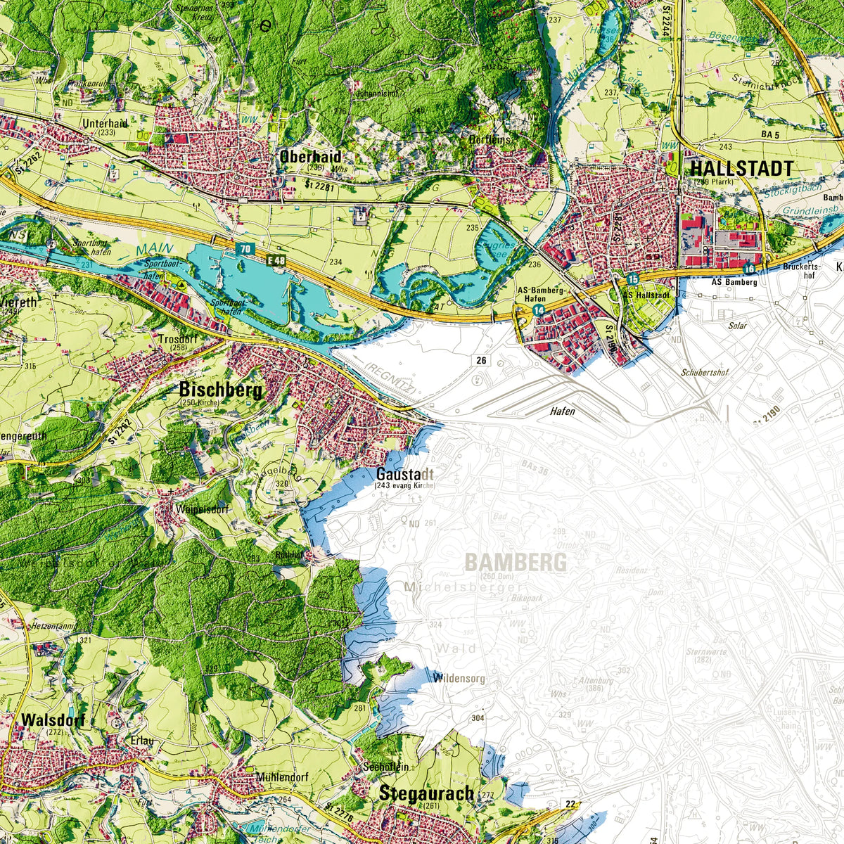 Landkreis Bamberg Poster, Detailansicht der Reliefkarte in der Farbvariante Topographisch #dtk