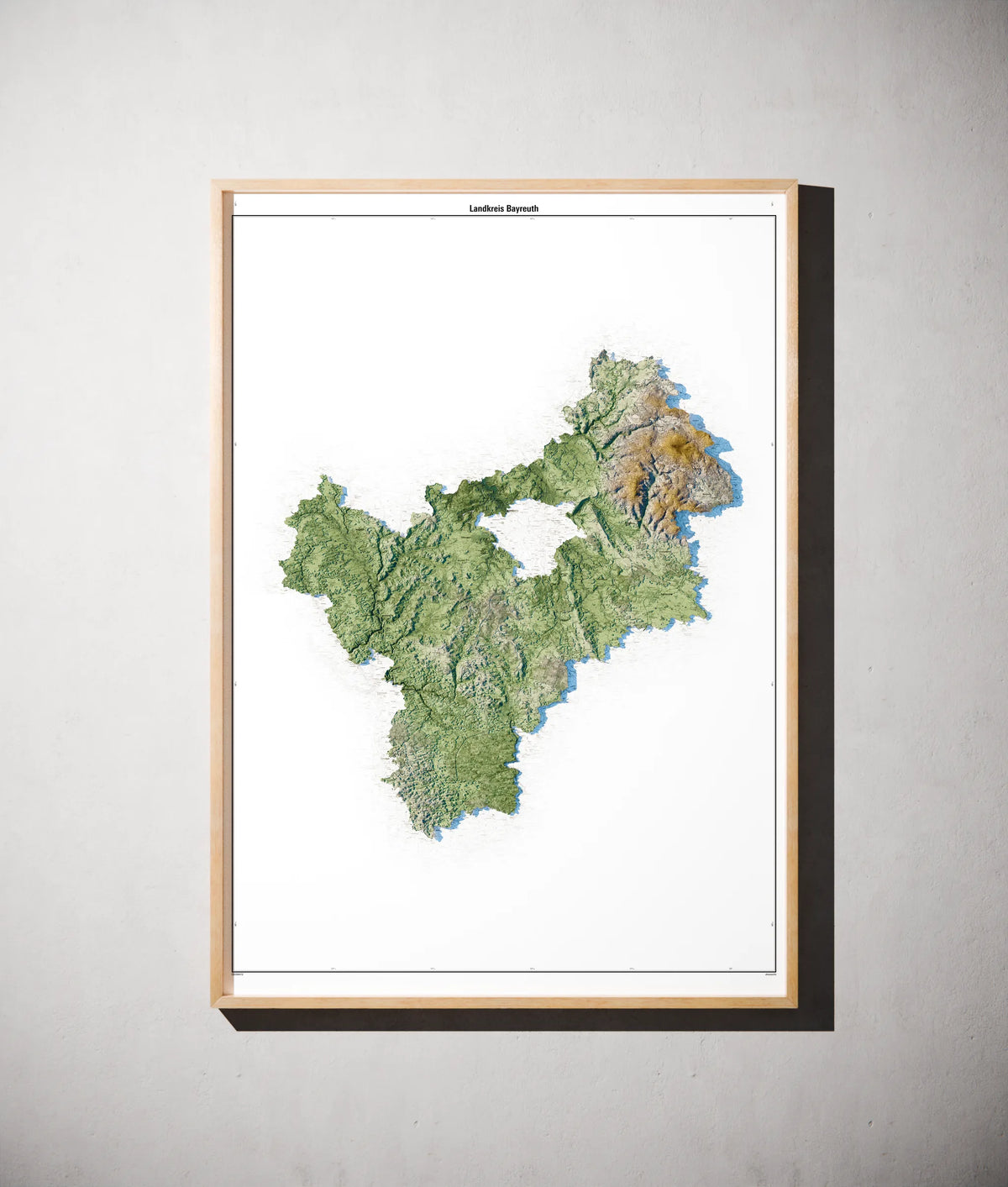 Landkreis Bayreuth Poster als schattierte Reliefkarte, Farbvariante Salbei, gerahmt an einer Wand #c1