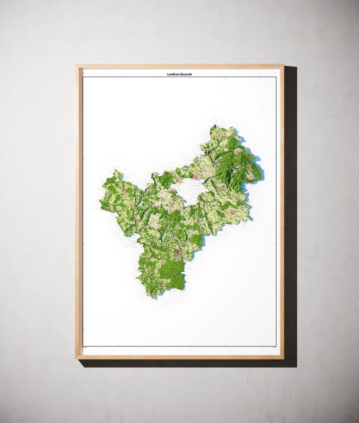Landkreis Bayreuth Poster als schattierte Reliefkarte, Farbvariante Topographisch, gerahmt an einer Wand #dtk
