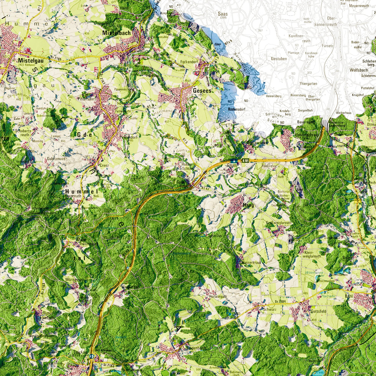 Landkreis Bayreuth Poster, Detailansicht der Reliefkarte in der Farbvariante Topographisch #dtk