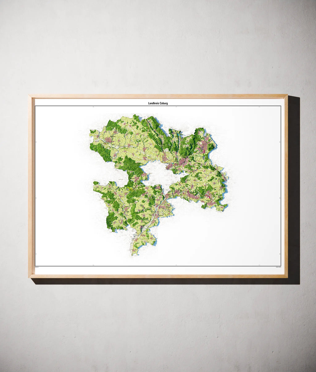 Landkreis Coburg Poster als schattierte Reliefkarte, Farbvariante Topographisch, gerahmt an einer Wand #dtk