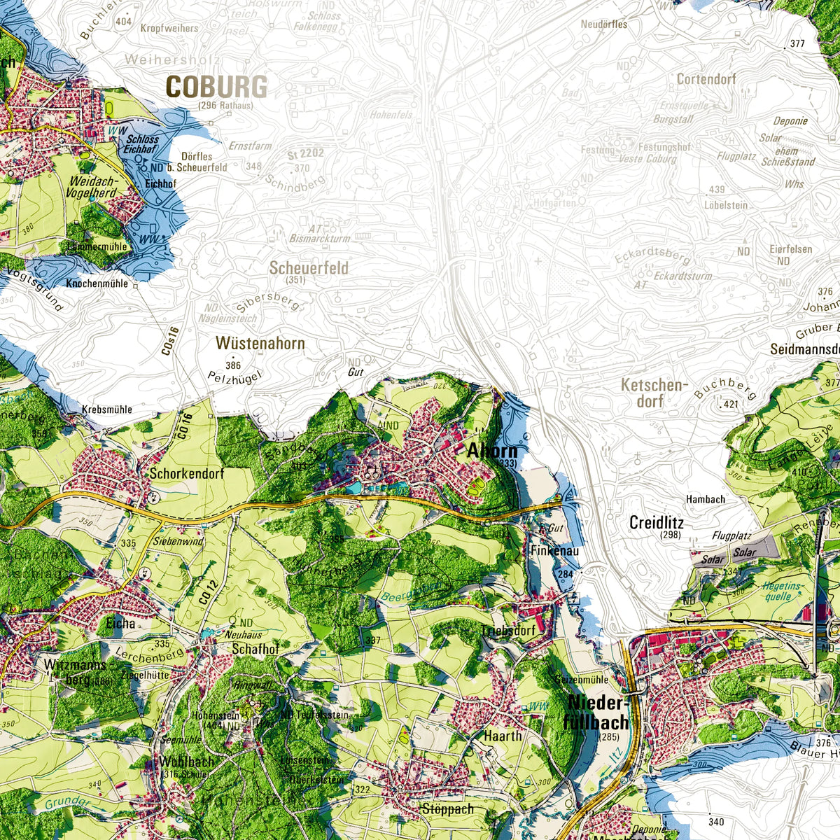 Landkreis Coburg Poster, Detailansicht der Reliefkarte in der Farbvariante Topographisch #dtk