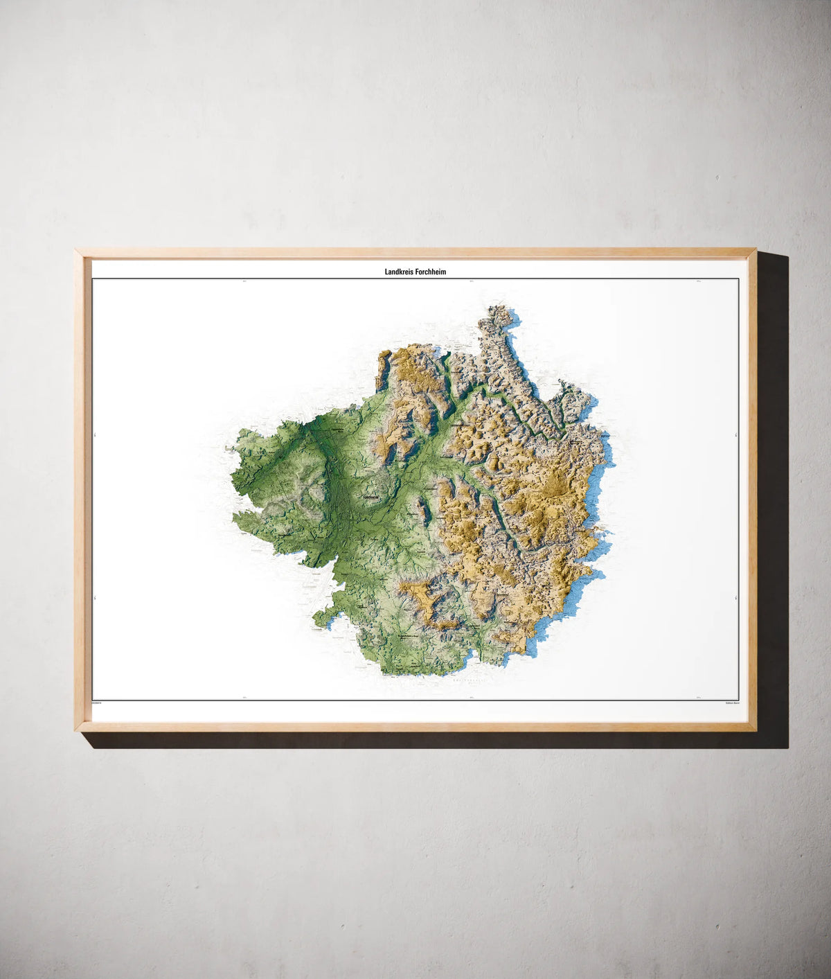 Landkreis Forchheim Poster als schattierte Reliefkarte, Farbvariante Salbei, gerahmt an einer Wand #c1