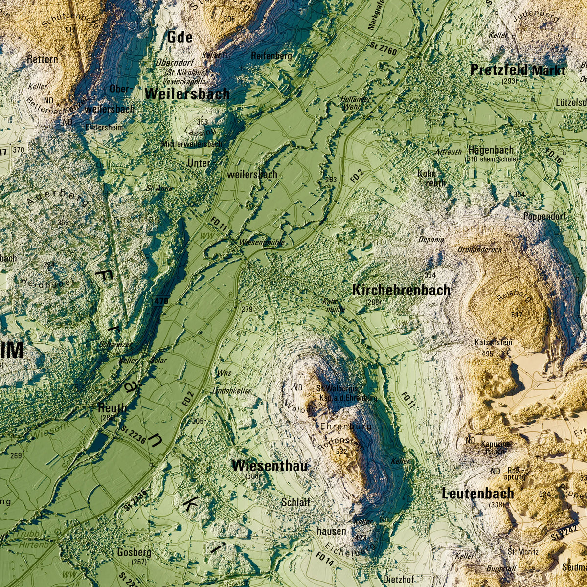 Landkreis Forchheim Poster, Detailansicht der Reliefkarte in der Farbvariante Salbei #c1