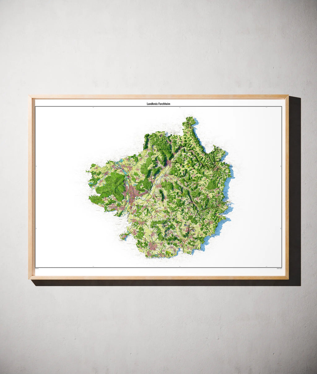 Landkreis Forchheim Poster als schattierte Reliefkarte, Farbvariante Topographisch, gerahmt an einer Wand #dtk