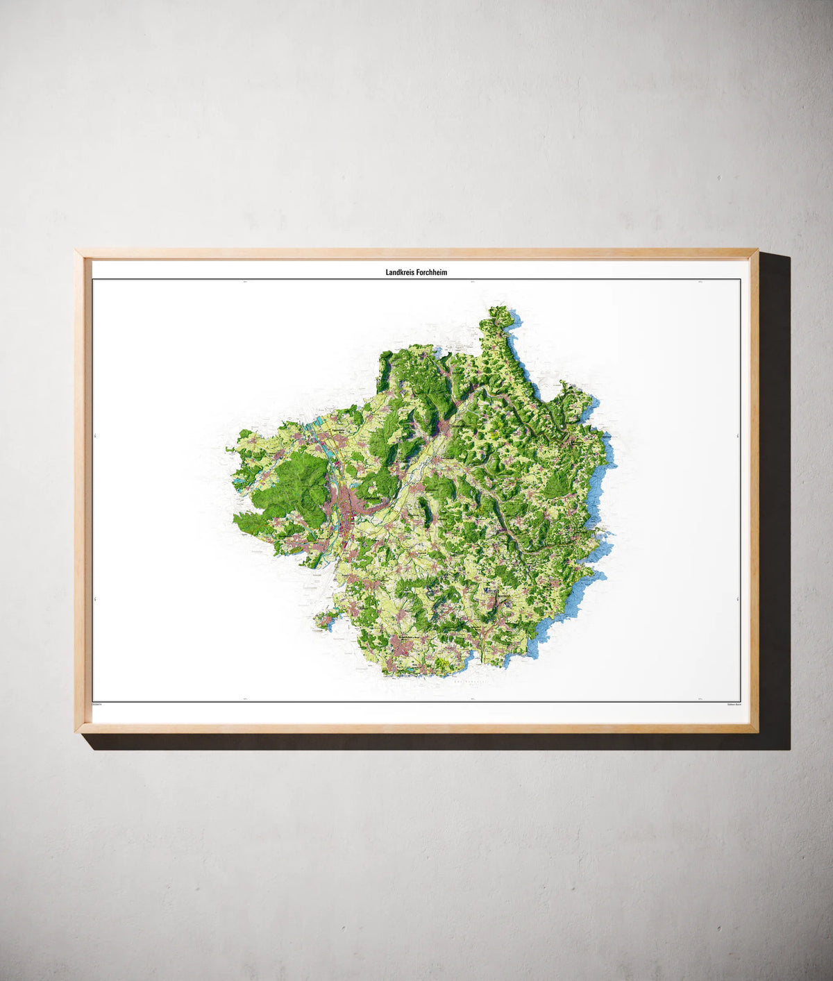 Landkreis Forchheim Poster als schattierte Reliefkarte, Farbvariante Topographisch, gerahmt an einer Wand #dtk