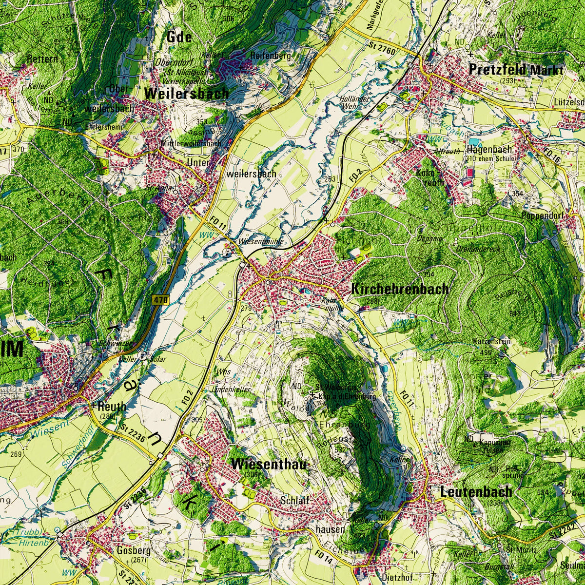 Landkreis Forchheim Poster, Detailansicht der Reliefkarte in der Farbvariante Topographisch #dtk