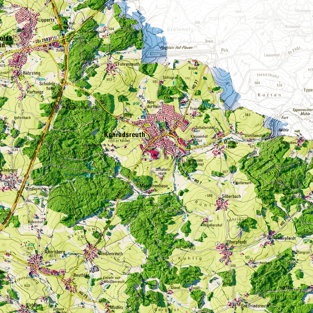 Landkreis Hof Poster, Detailansicht der Reliefkarte in der Farbvariante Topographisch #dtk