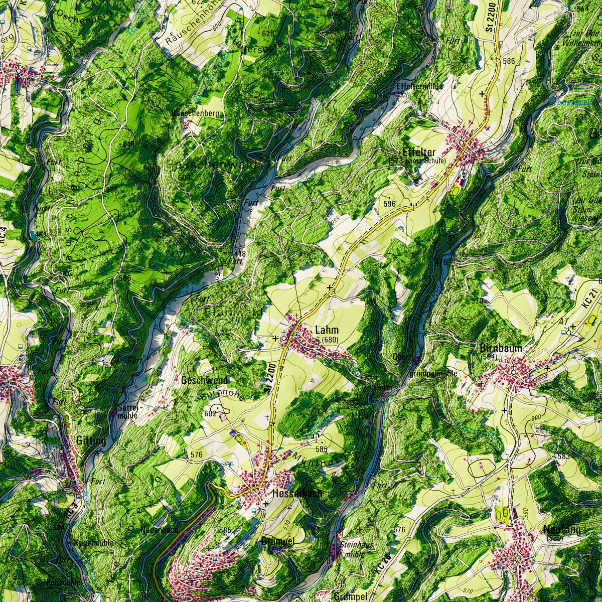 Landkreis Kronach Poster, Detailansicht der Reliefkarte in der Farbvariante Topographisch #dtk