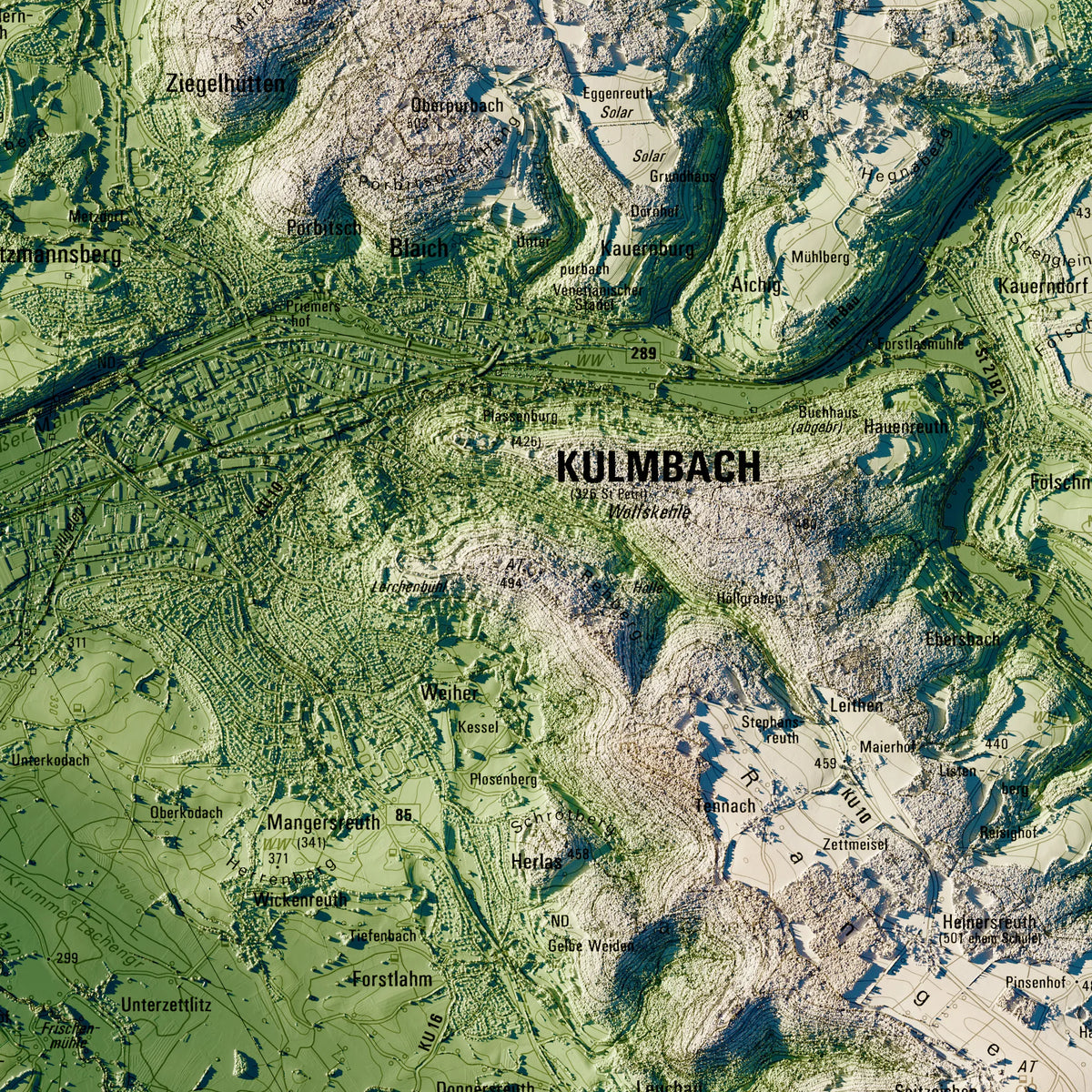Landkreis Kulmbach Poster, Detailansicht der Reliefkarte in der Farbvariante Salbei #c1