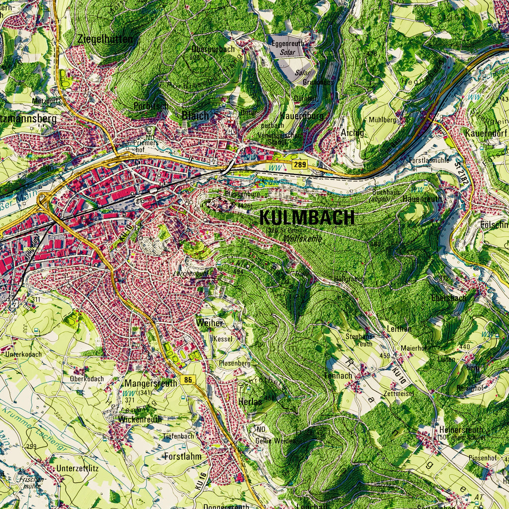 Landkreis Kulmbach Poster, Detailansicht der Reliefkarte in der Farbvariante Topographisch #dtk
