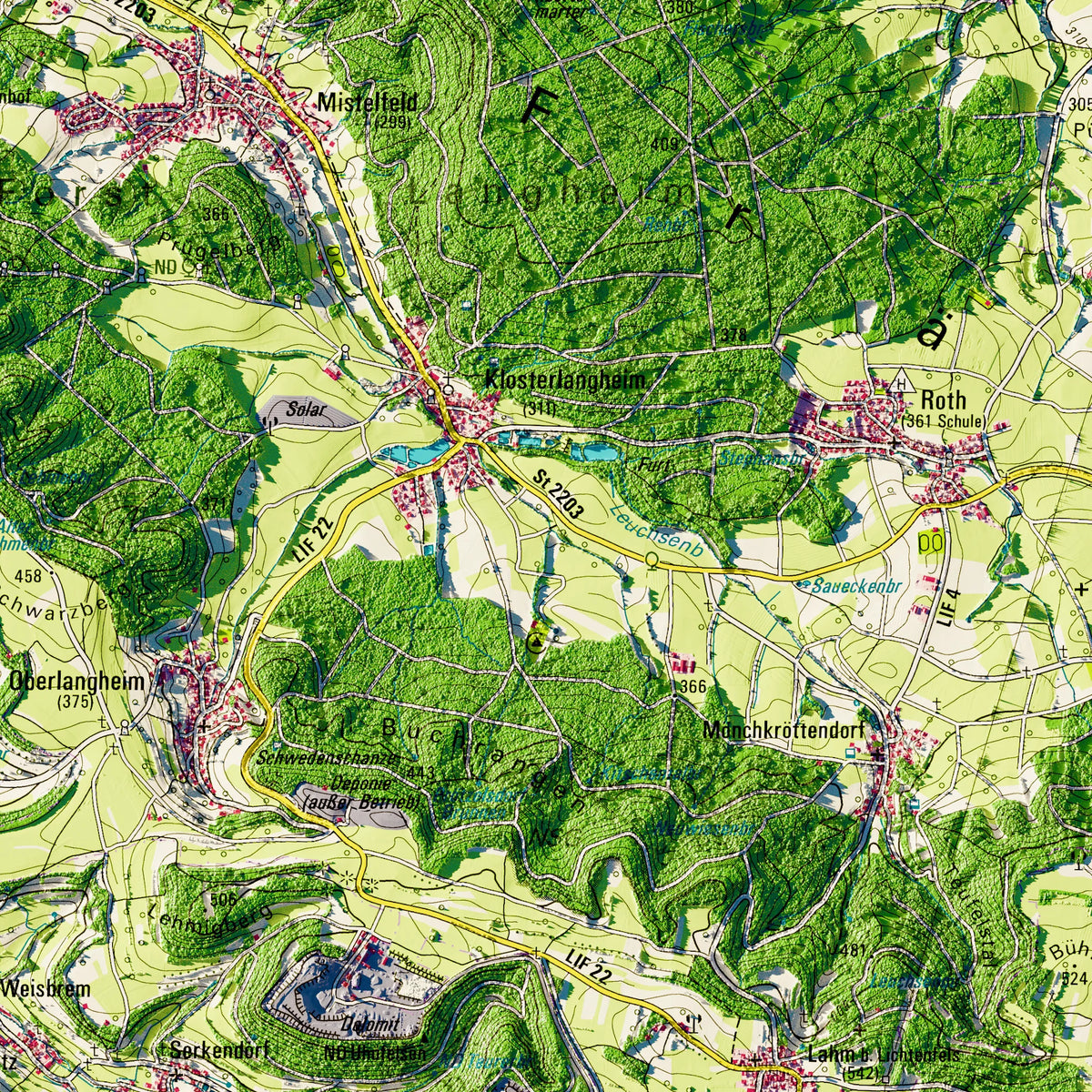Landkreis Lichtenfels Poster, Detailansicht der Reliefkarte in der Farbvariante Topographisch #dtk