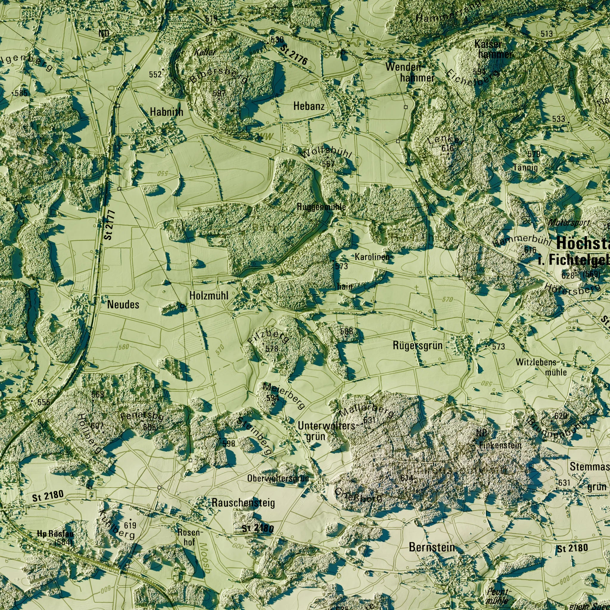 Landkreis Wunsiedel i.Fichtelgebirge Poster, Detailansicht der Reliefkarte in der Farbvariante Salbei #c1