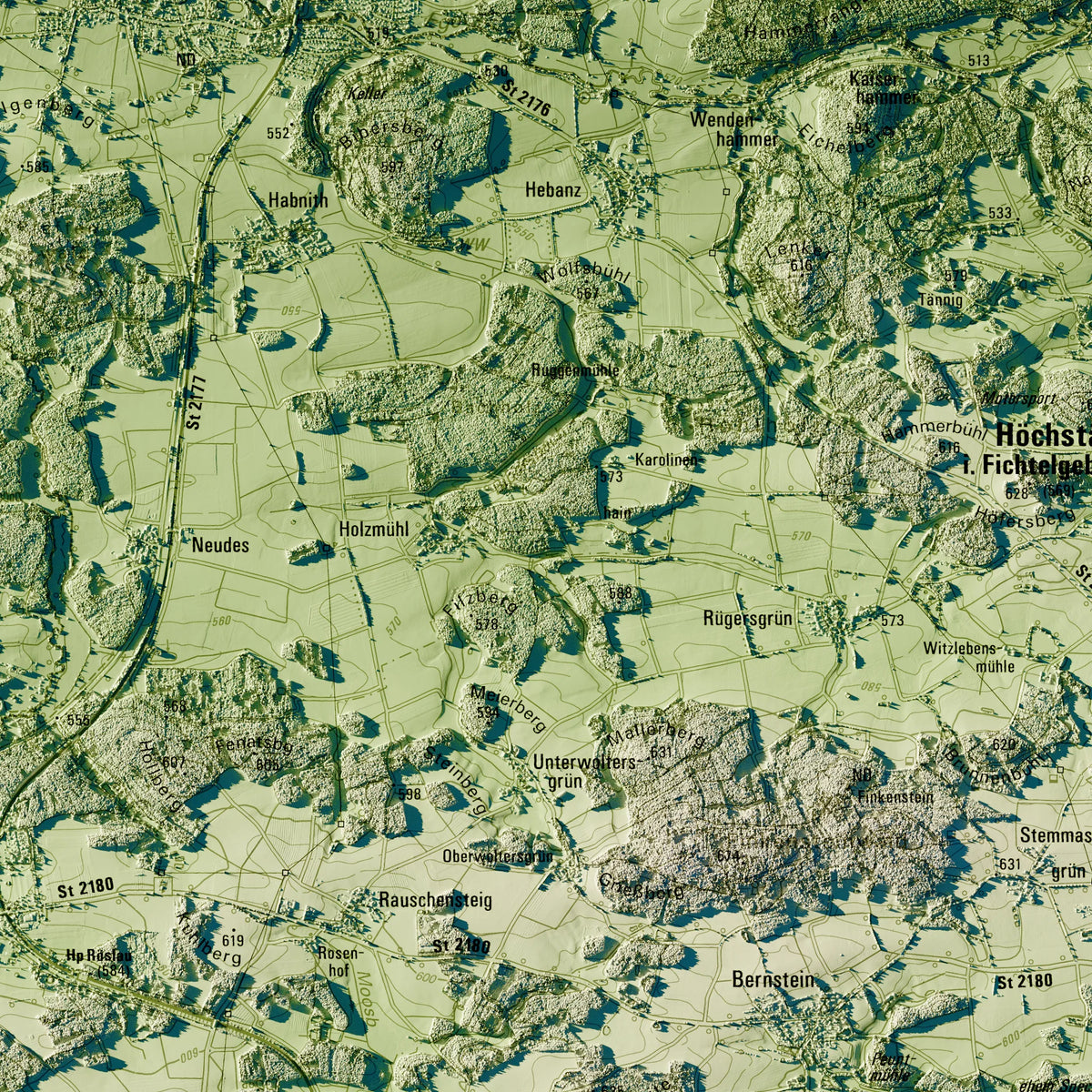 Landkreis Wunsiedel i.Fichtelgebirge Poster, Detailansicht der Reliefkarte in der Farbvariante Salbei #c1
